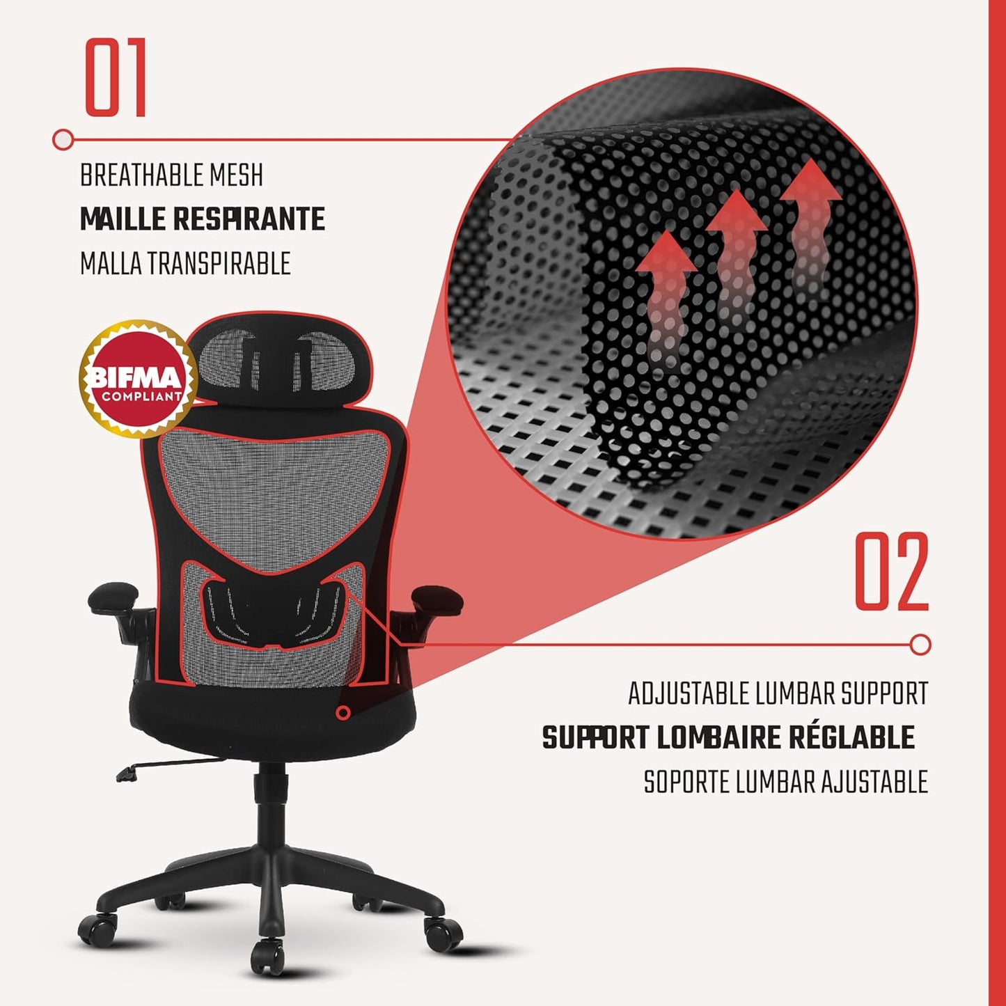 TILIA Office Chair with Headrest, Ergonomic Desk Chair, Adjustable Lumbar Support, Flip-Up Arms, Breathable Mesh Computer Chair for Home Office and Gaming, BIFMA Quality Certified (Black)
