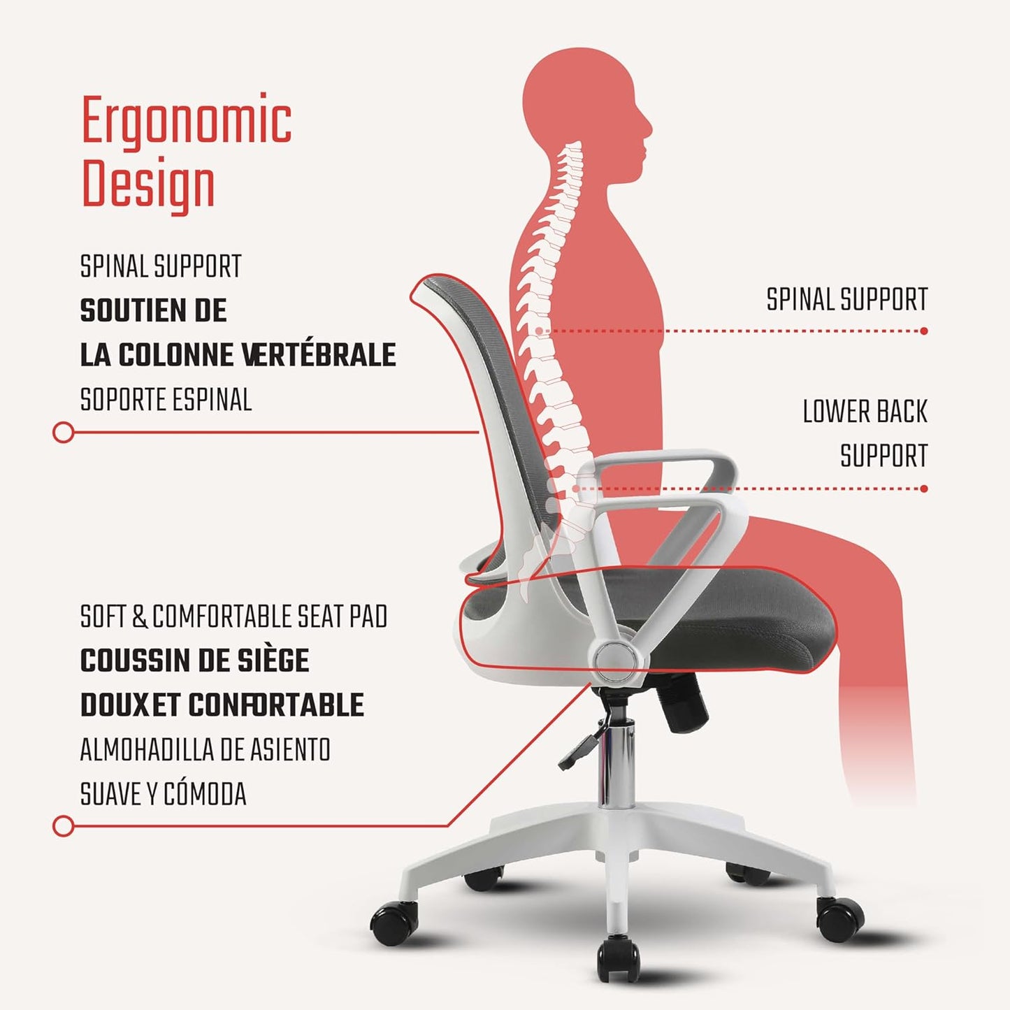 Alani Study Chair, Trendy White Ergonomic design Office Chair, Flip-Up Arms, Adjustable Height for Adults and Children, Breathable Mesh Computer Chair for Home Office and Gaming, BIFMA Standard