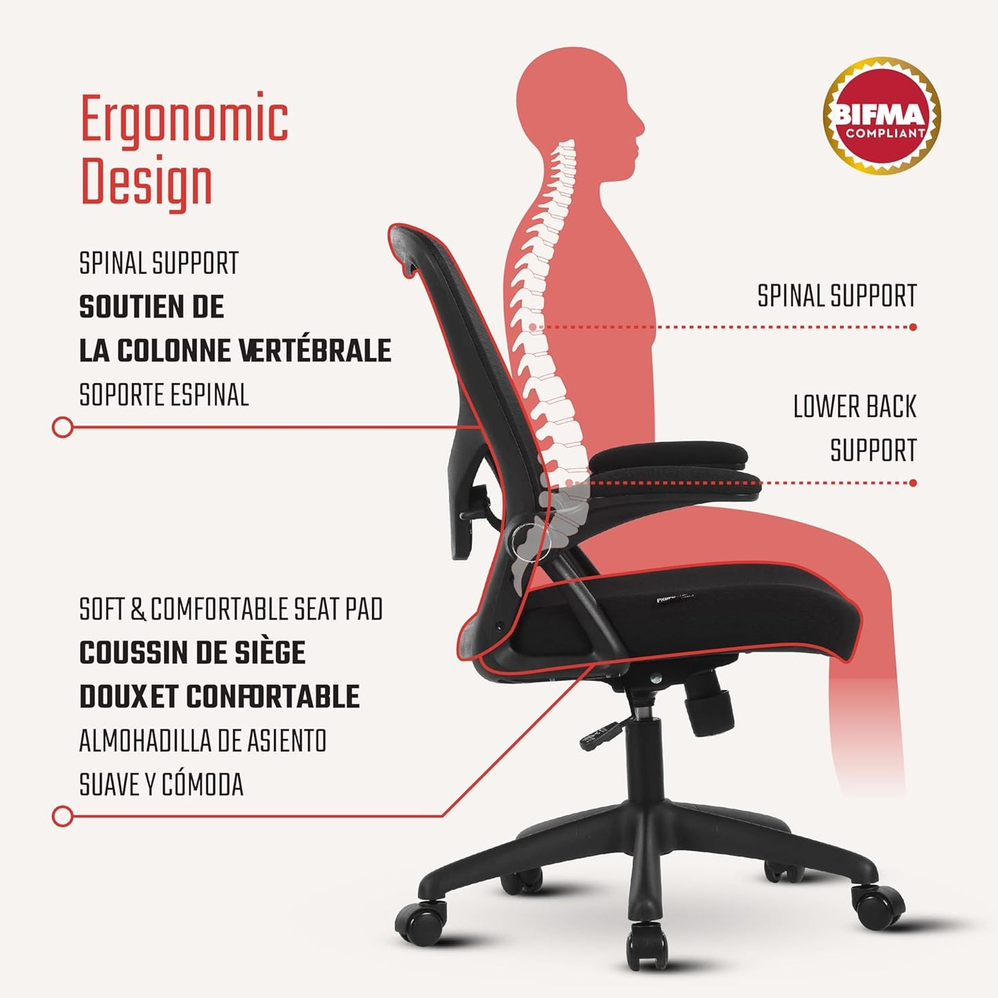 AYLA Office Chair, Ergonomic Desk Chair with Adjustable Lumbar Support and Flip-Up Arms, Breathable Mesh Computer Task Chair for Home Office and Gaming, BIFMA Certified for Quality
