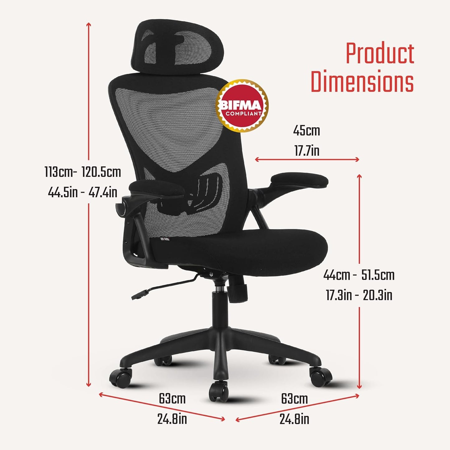 TILIA Office Chair with Headrest, Ergonomic Desk Chair, Adjustable Lumbar Support, Flip-Up Arms, Breathable Mesh Computer Chair for Home Office and Gaming, BIFMA Quality Certified (Black)