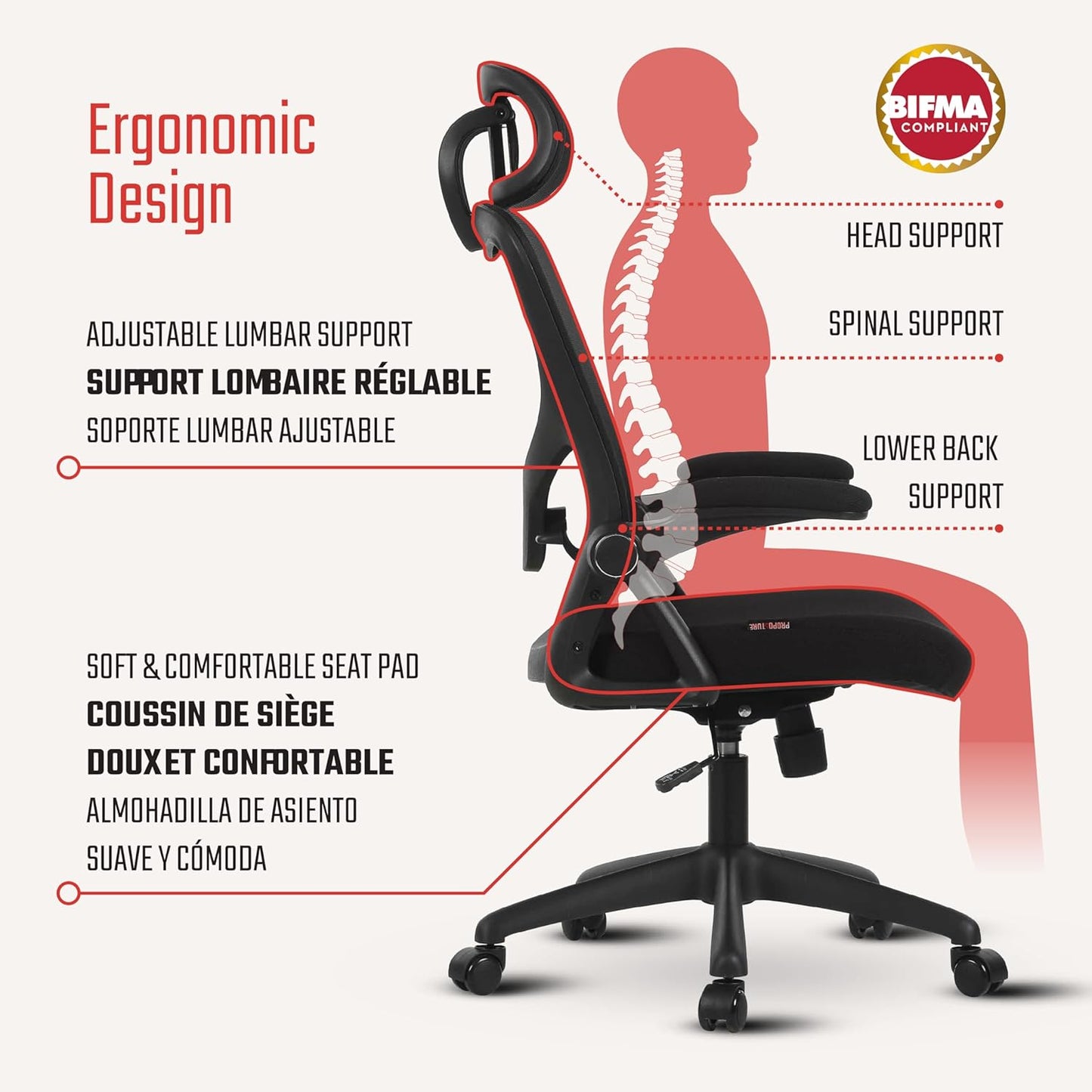 TILIA Office Chair with Headrest, Ergonomic Desk Chair, Adjustable Lumbar Support, Flip-Up Arms, Breathable Mesh Computer Chair for Home Office and Gaming, BIFMA Quality Certified (Black)
