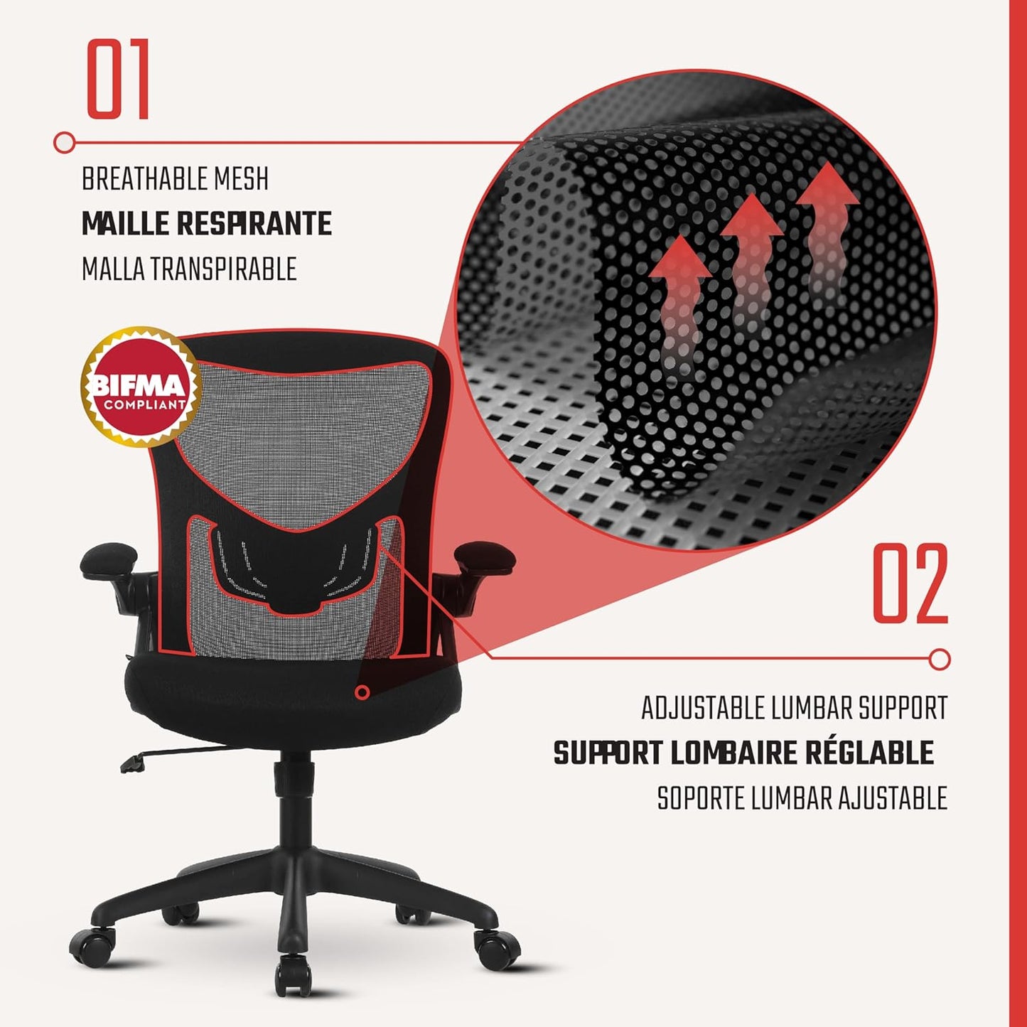 AYLA Office Chair, Ergonomic Desk Chair with Adjustable Lumbar Support and Flip-Up Arms, Breathable Mesh Computer Task Chair for Home Office and Gaming, BIFMA Certified for Quality