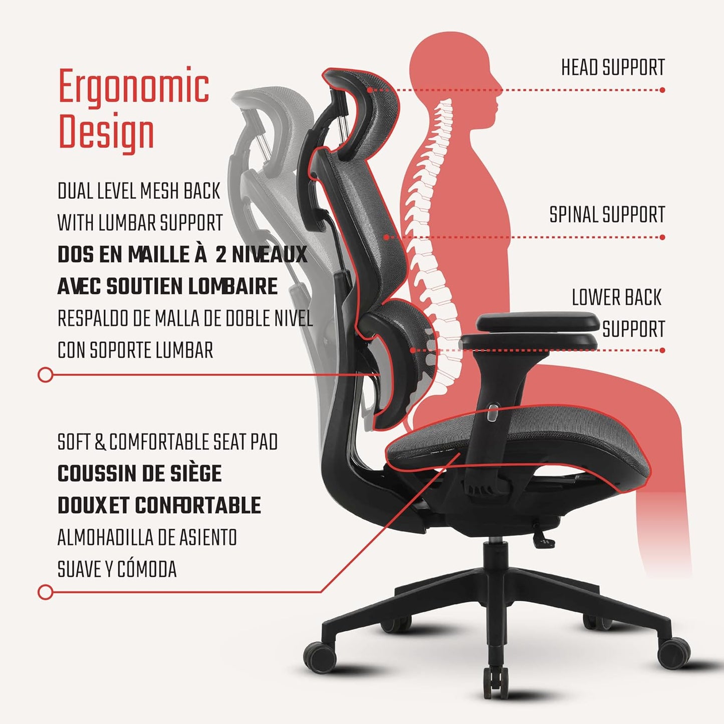 SILAS Ergonomic Office Chair with Headrest, Desk Chair, Lumbar Support, 3D Adjustable Arms, Breathable Mesh Computer Chair for home office and Gaming, BIFMA Quality Certified