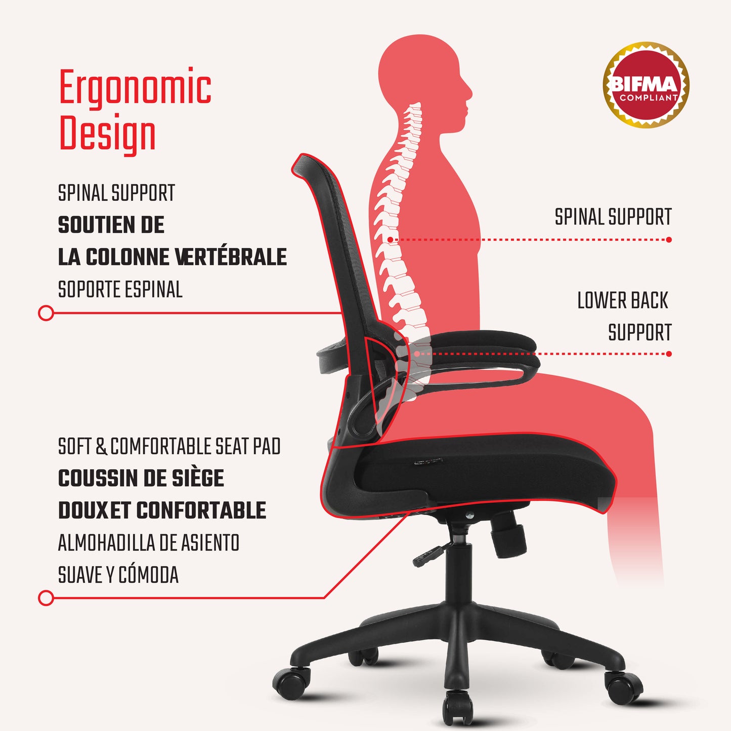 Acacia Office Chair, Ergonomic Desk Chair with Lumbar Support Arch and Flip-Up Armrs, Breathable Mesh Computer Task Chair for Home Office and Gaming, BIFMA Quality Certified